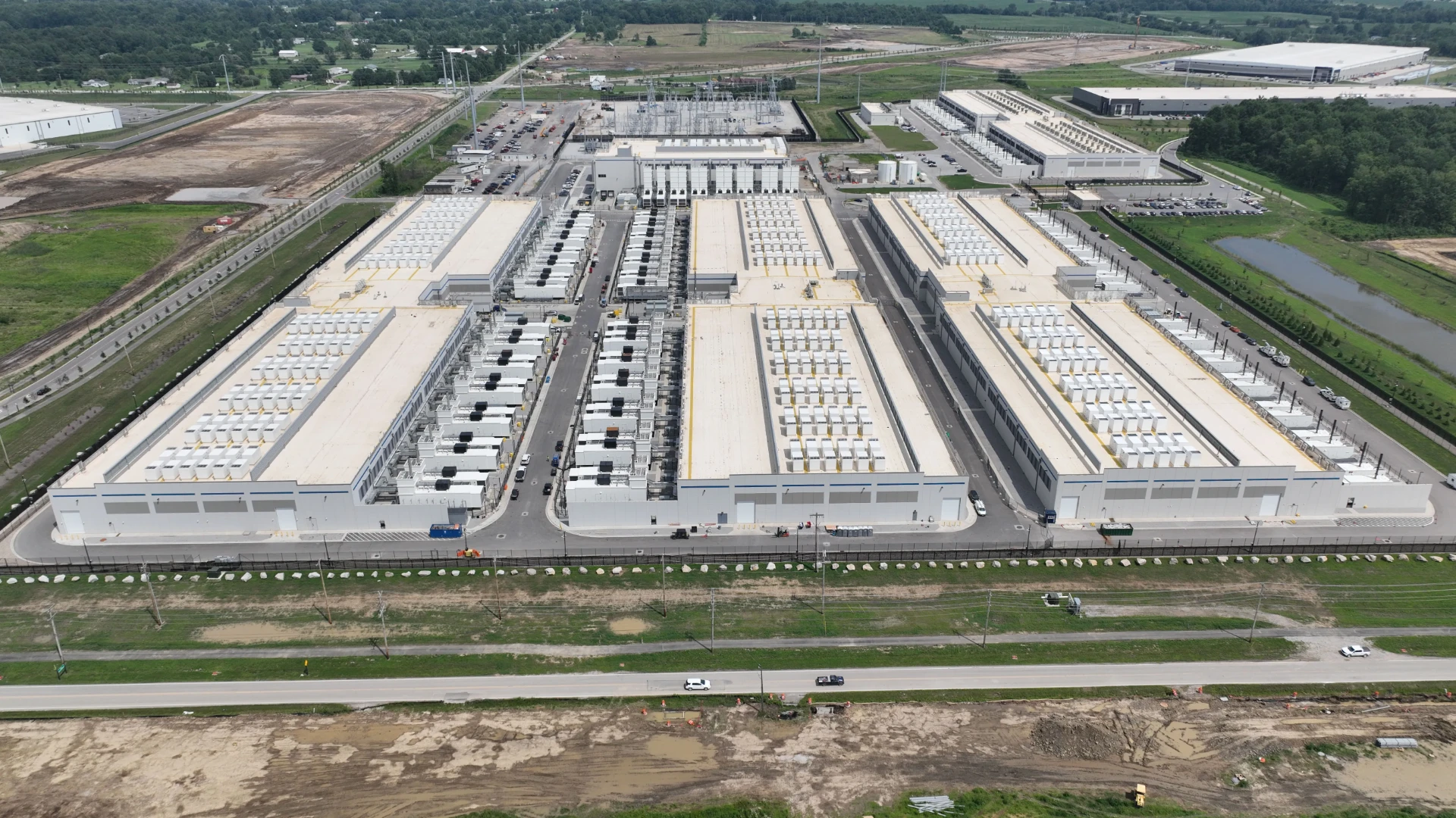 Aerial view of a sprawling data center complex
